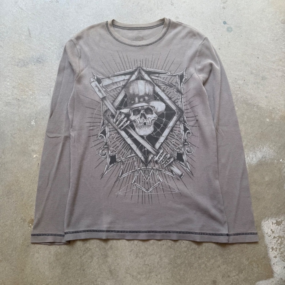 Mens Skull Graphic Thermal Shirt Long Sleeve Waffle Knit M
